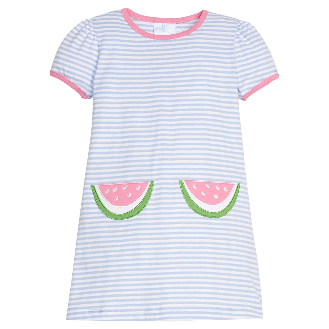 Little English classic T-shirt dress in light blue stripe with watermelon applique pockets, for little girl 
