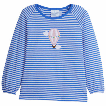 classic childrens clothing girls blue and white striped long sleeve t-shirt with pink applique hot air balloon