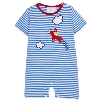 Little English classic children's clothing boy's regatta blue striped romper with applique airplane and clouds, playsuit for Spring