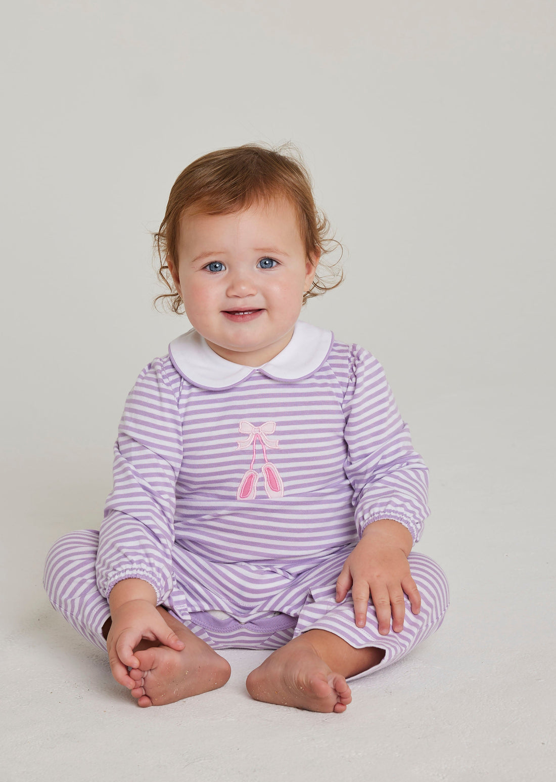 Little English baby girl classic lavender and white striped knit romper with applique ballet slippers on chest 