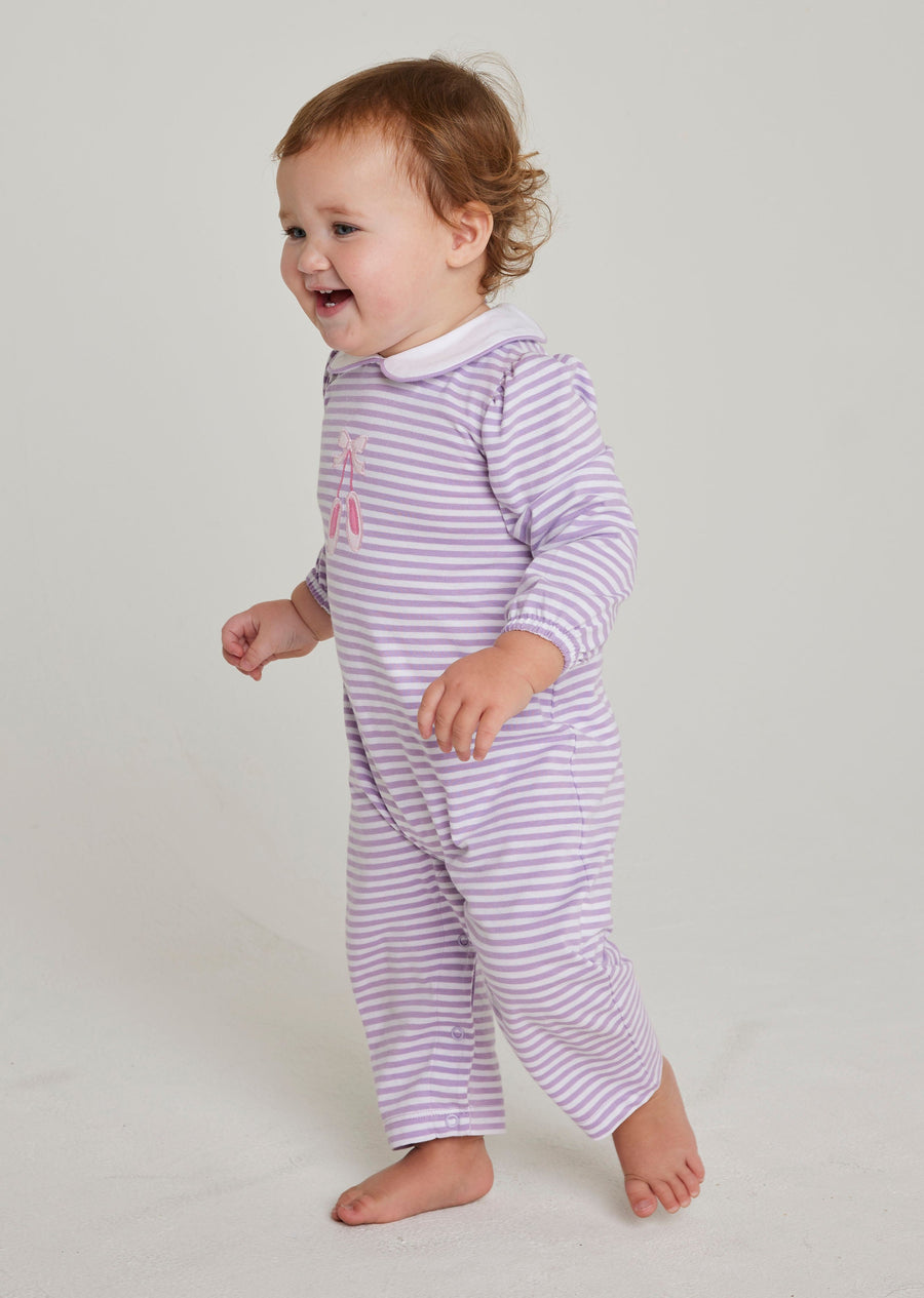 Little English baby girl classic lavender and white striped knit romper with applique ballet slippers on chest 