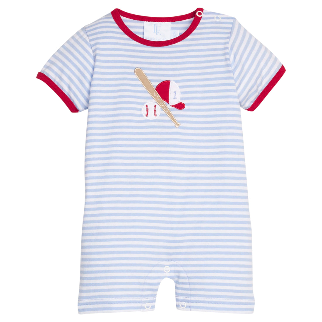 Little English classic cotton romper in light blue stripe with baseball applique on chest, for little boy 