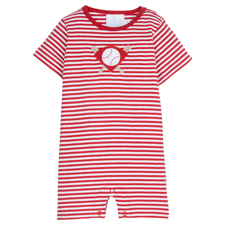 Little English classic children's clothing, baby boy's red striped knit romper with baseball applique at the chest