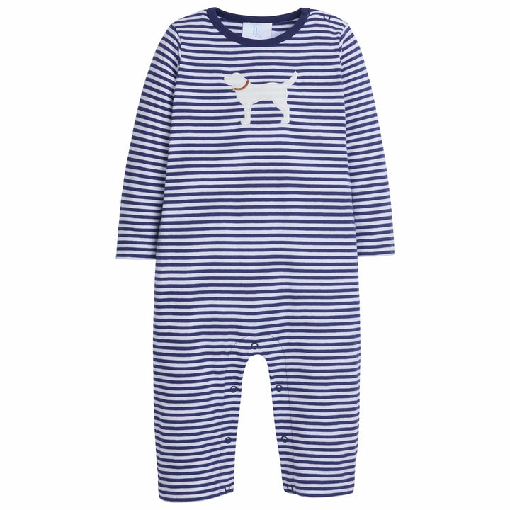 little english classic childrens clothing boys navy and white striped romper with applique lab 