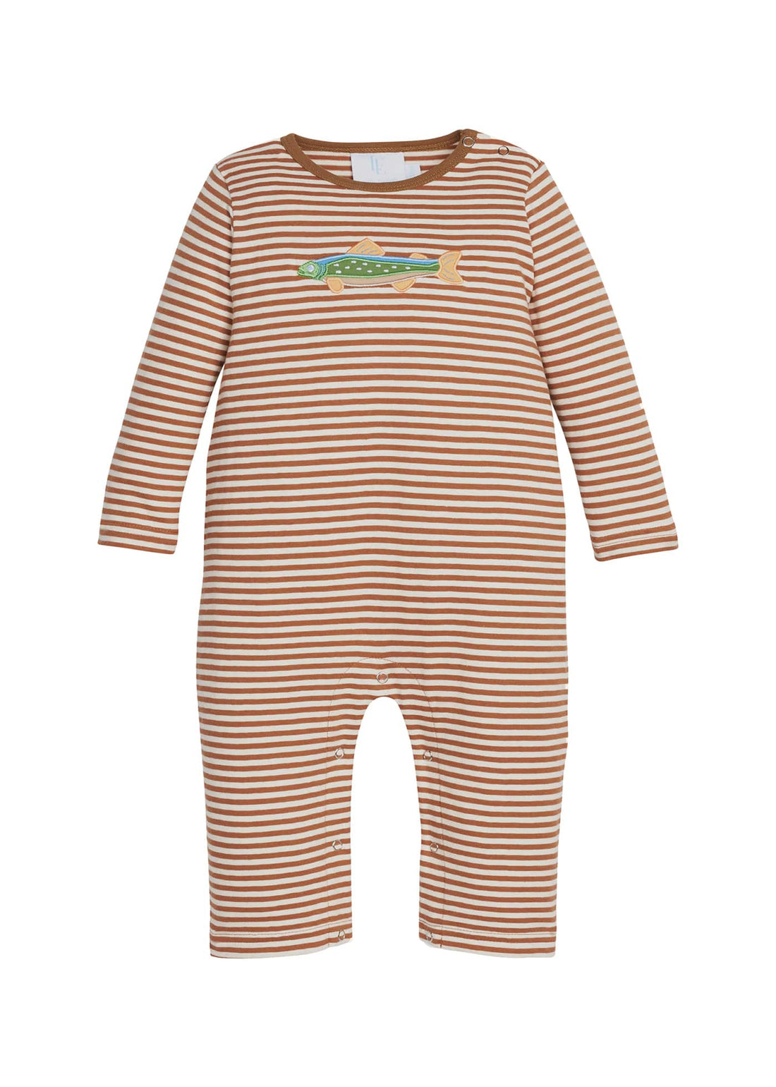 Little English classic childrens clothing.  Brown and white stripe knit romper with fish applique for baby boys.