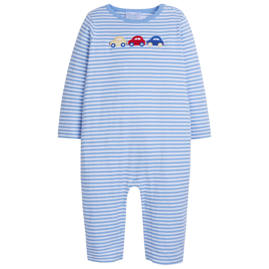 Little English classic childrens clothing baby boy light blue striped romper with applique cars 