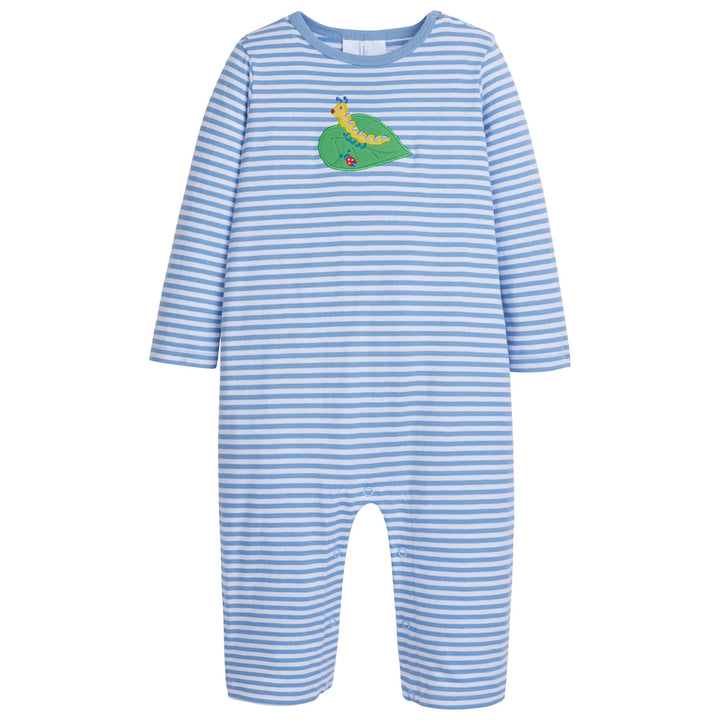 Little English baby boy classic light blue and white striped romper with applique caterpillar on chest 