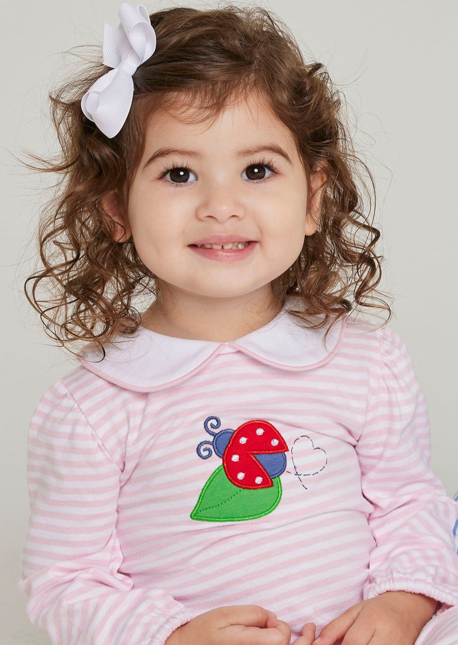 little english classic baby girl pink striped romper with applique lady bug and peter pan collar