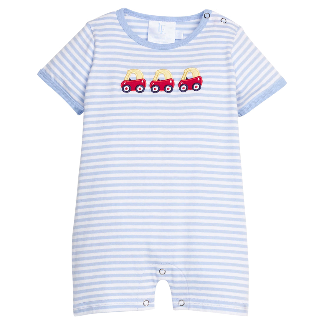 Little English classic cotton romper in light blue stripe with toy car applique on chest, for little boy 