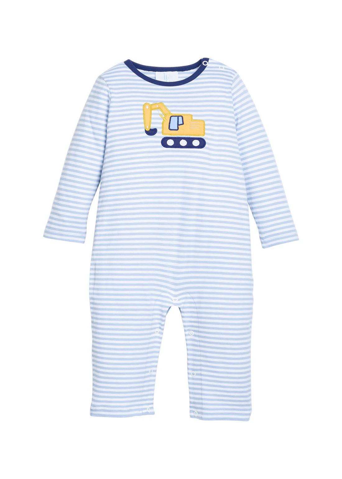 Little English classic childrens clothing.  Light blue and white stripe knit romper with excavator applique for baby boys.