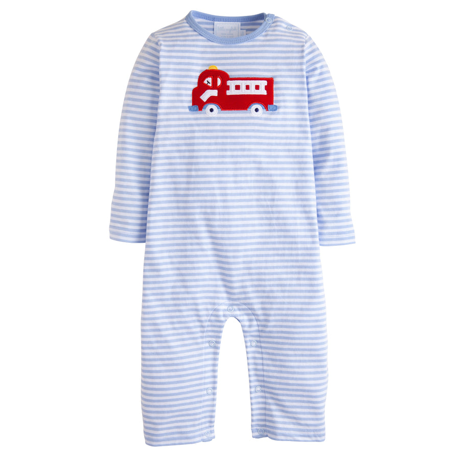 Little English classic children's clothing, light blue and white striped knit romper with red firetruck applique for baby boys 
