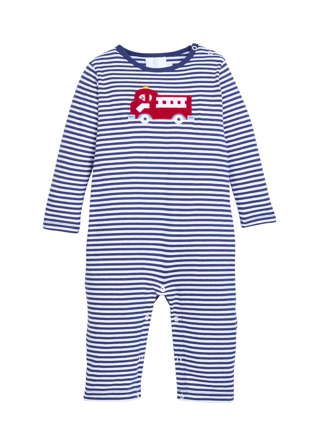 Little English classic childrens clothing.  Navy and white stripe knit romper with fire truck applique for baby boys.