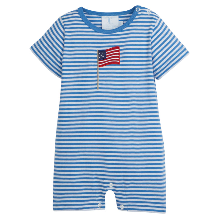 Little English classic children's clothing boy's regatta blue striped romper with applique American flag, playsuit for Spring