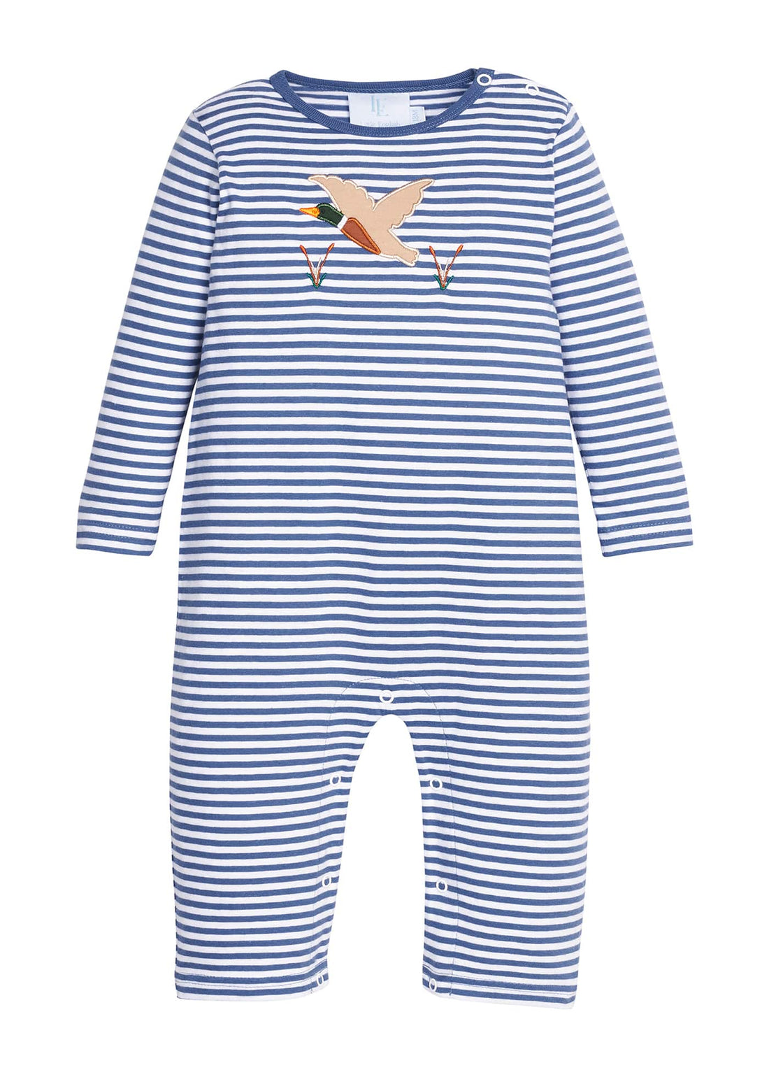 Little English classic childrens clothing.  Gray blue and white stripe knit romper with flying mallard applique for baby boys.