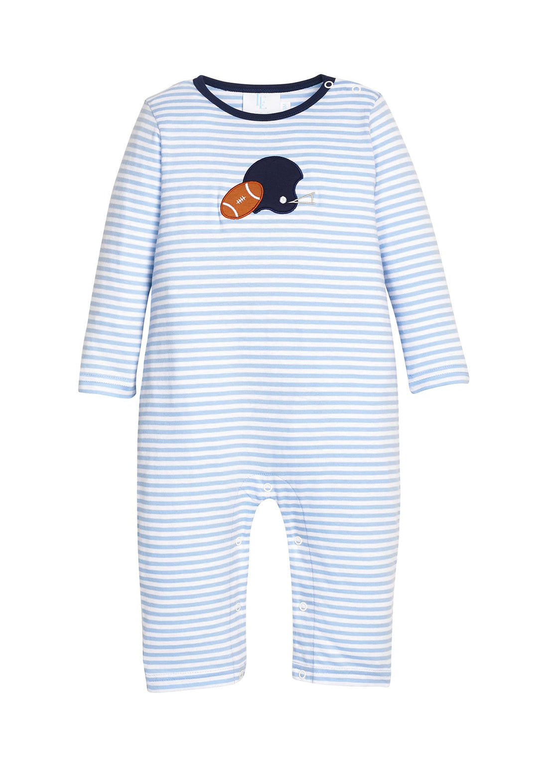 Little English classic childrens clothing.  Light blue and white stripe knit romper with football and helmet applique for baby boys.