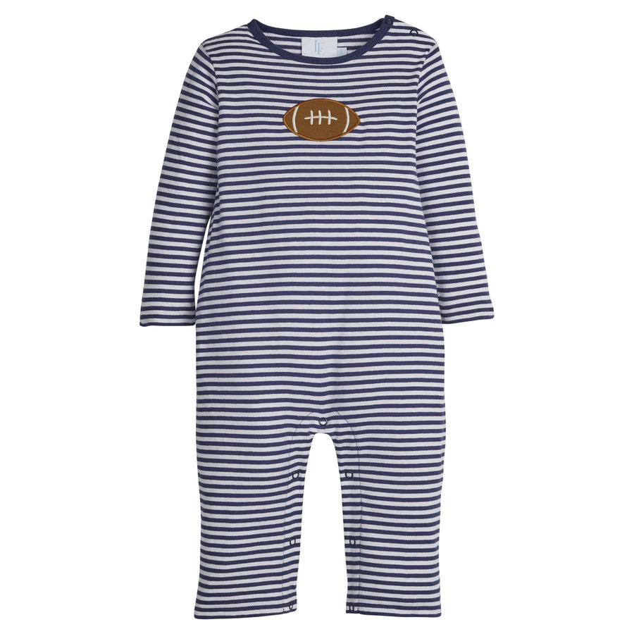 Little English classic children's clothing, navy striped romper for baby boys with a football applique on front, baby tailgating outfit