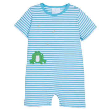 Little English classic children's clothing boy's aqua blue striped romper with applique frog, playsuit for Spring