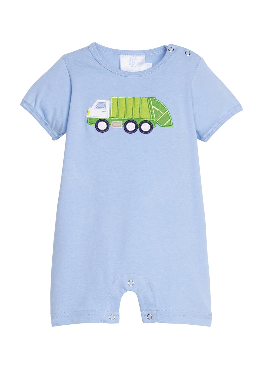 Little english classic romper in light blue with garbage truck applique on chest, for little boy