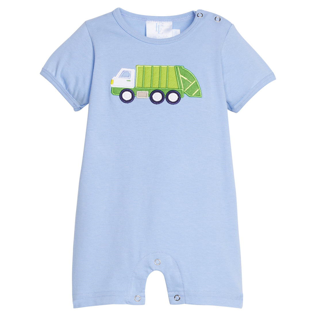 Little english classic romper in light blue with garbage truck applique on chest, for little boy