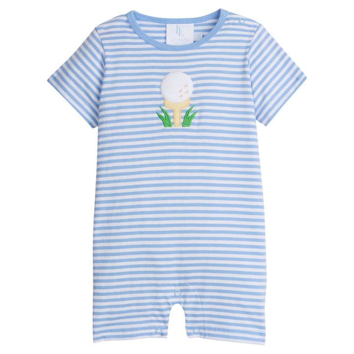 Little English classic children's clothing boy's light blue striped romper with applique golf ball on a yellow tee, playsuit for Spring
