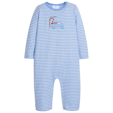 little english classic childrens clothing boys light blue romper with applique truck with pumpkins and apples 