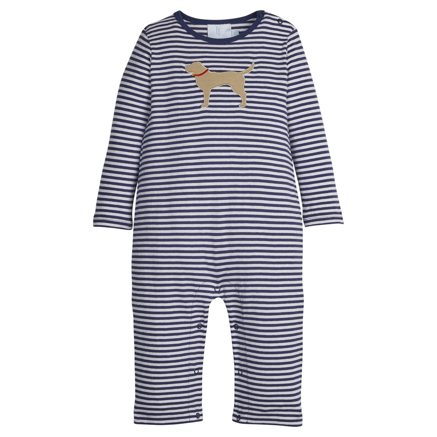 Little English classic knit romper for baby boys. Navy striped romper with applique lab on front. 