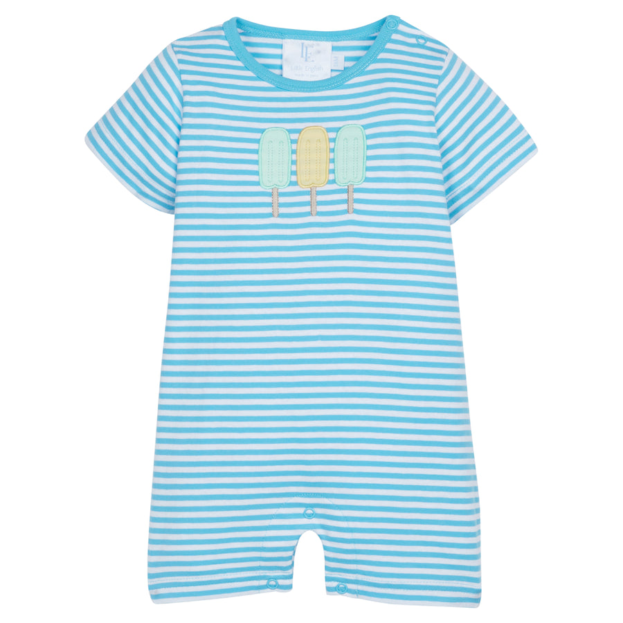 Little English classic children's clothing boy's aqua blue striped romper with three applique popsicles, playsuit for Spring