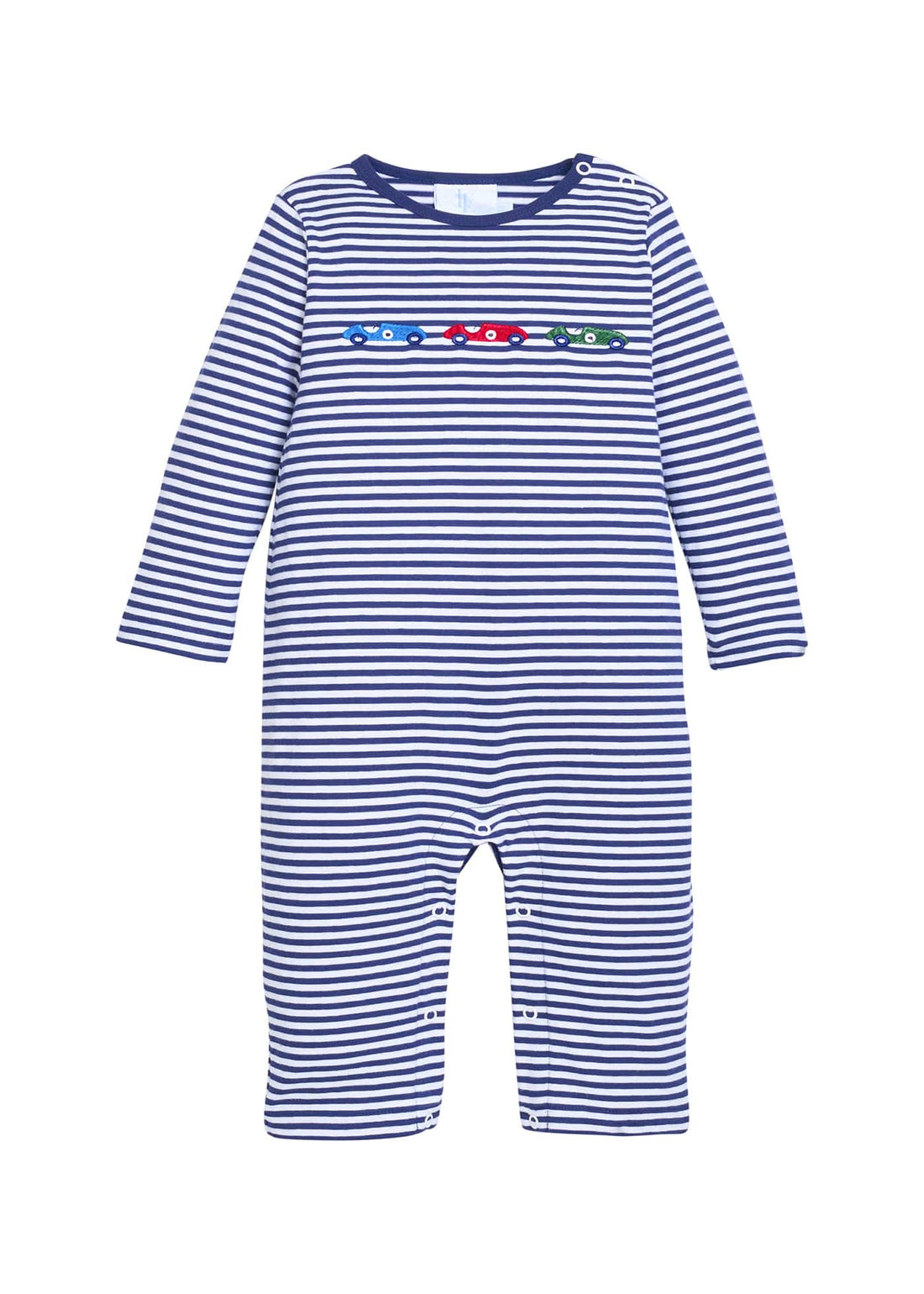 Little English classic childrens clothing.  Navy and white stripe knit romper with red, blue, and green appliqued race cars for baby boys.