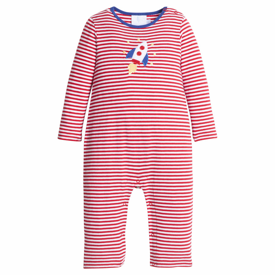 Little English classic knit romper for baby boys. Red and white striped romper with applique rocket ship on front.