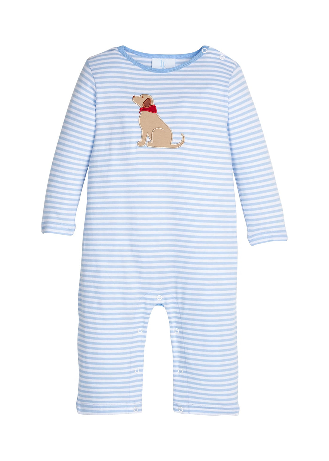 Little English classic childrens clothing.  Light blue and white stripe knit romper with seated lab applique for baby boys.