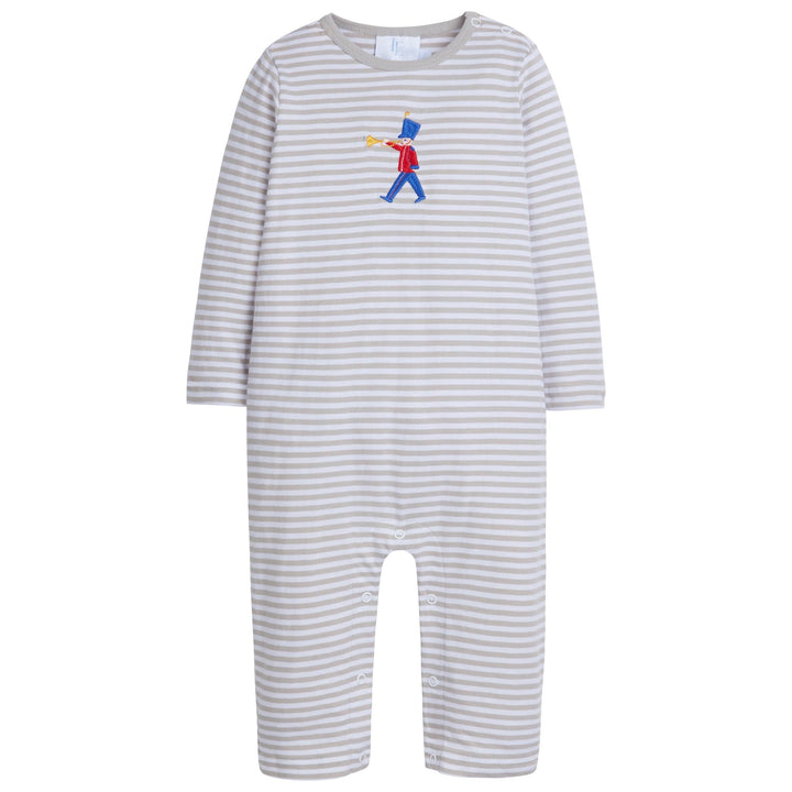 little english classic childrens clothing boys gray striped romper with applique toy soldier 