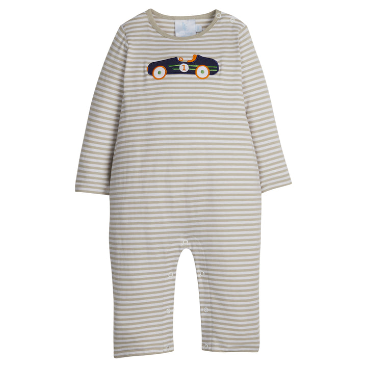 Little English classic knit romper for baby boys. Light grey striped romper with applique vintage race car on front. 