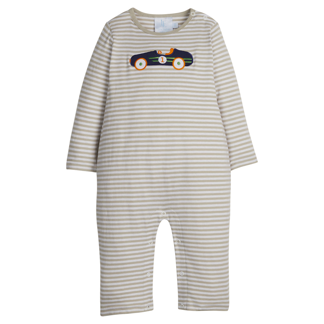 Little English classic knit romper for baby boys. Light grey striped romper with applique vintage race car on front. 