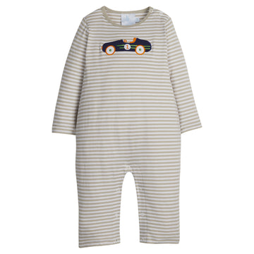 Little English classic knit romper for baby boys. Light grey striped romper with applique vintage race car on front. 