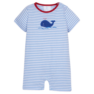 Little English classic children's clothing boy's light blue striped romper with red trim at the neckline and an applique whale, playsuit for Spring