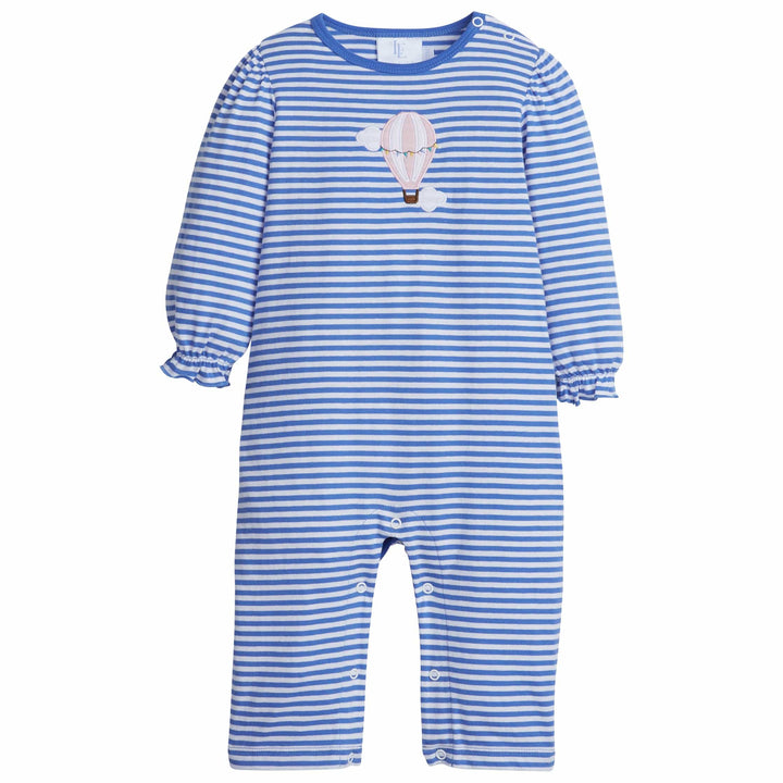 little english classic childrens clothing girls blue striped romper with pink applique hot air balloon