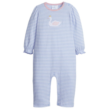 little english classic childrens clothing girls light blue striped romper with applique swan