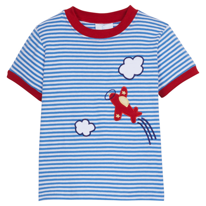 Little English classic children’s clothing, boys blue short-sleeve striped t-shirt with red at the collar and sleeves and applique airplane and clouds