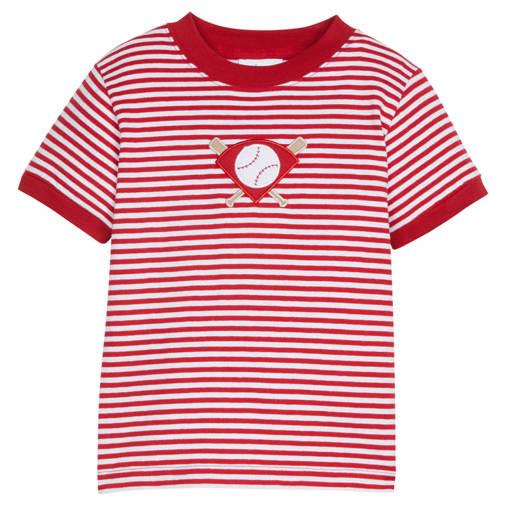 Little English classic children's clothing, toddler boy's red striped knit t-shirt with baseball applique at the chest