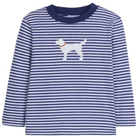 little english classic childrens clothing boys dark blue striped long sleeve t-shirt with applique lab