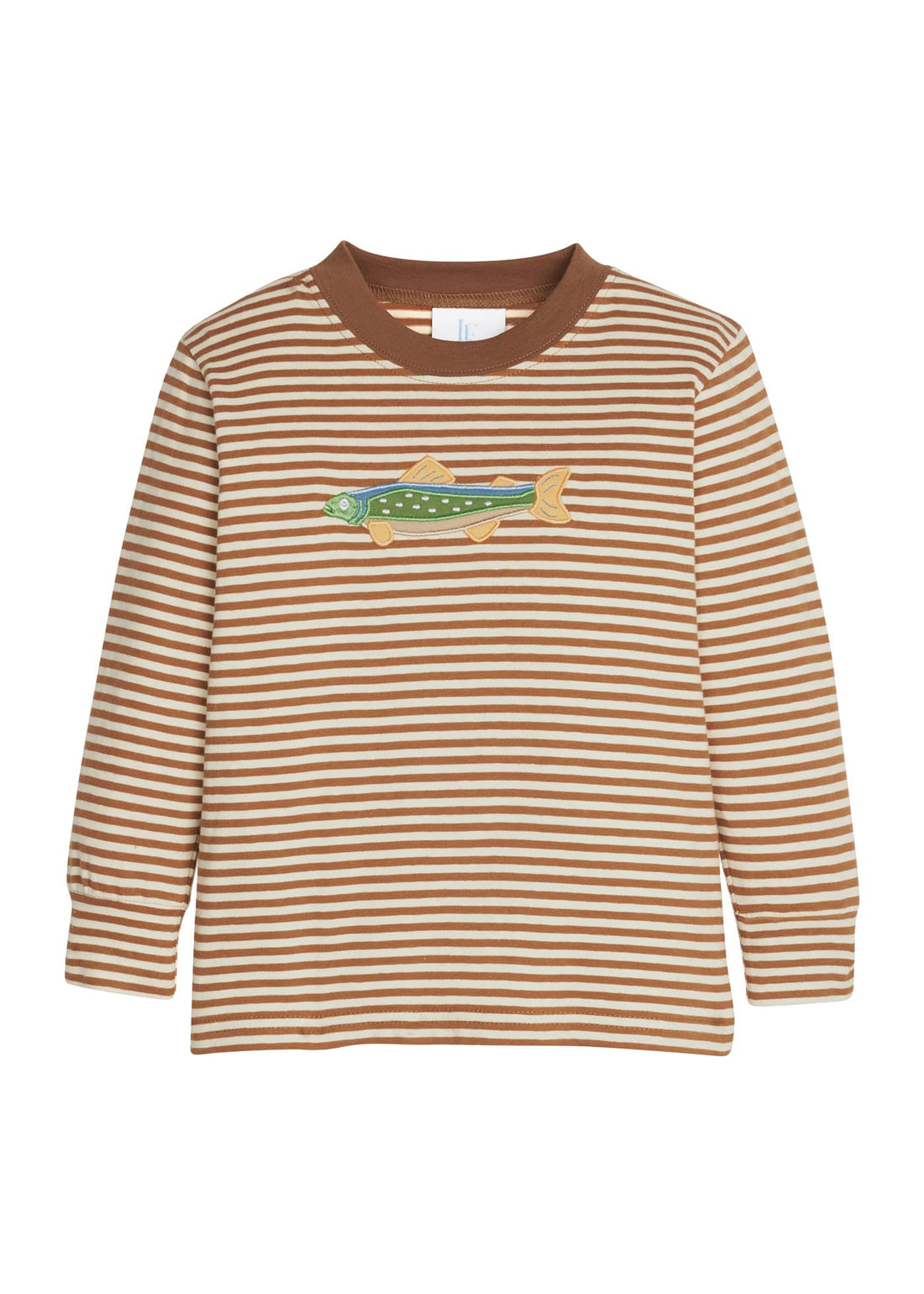 Little English classic childrens clothing.  Brown and white stripe knit long sleeve t-shirt with fish applique for little boys.