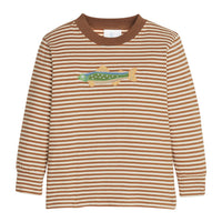 Little English classic childrens clothing.  Brown and white stripe knit long sleeve t-shirt with fish applique for little boys.