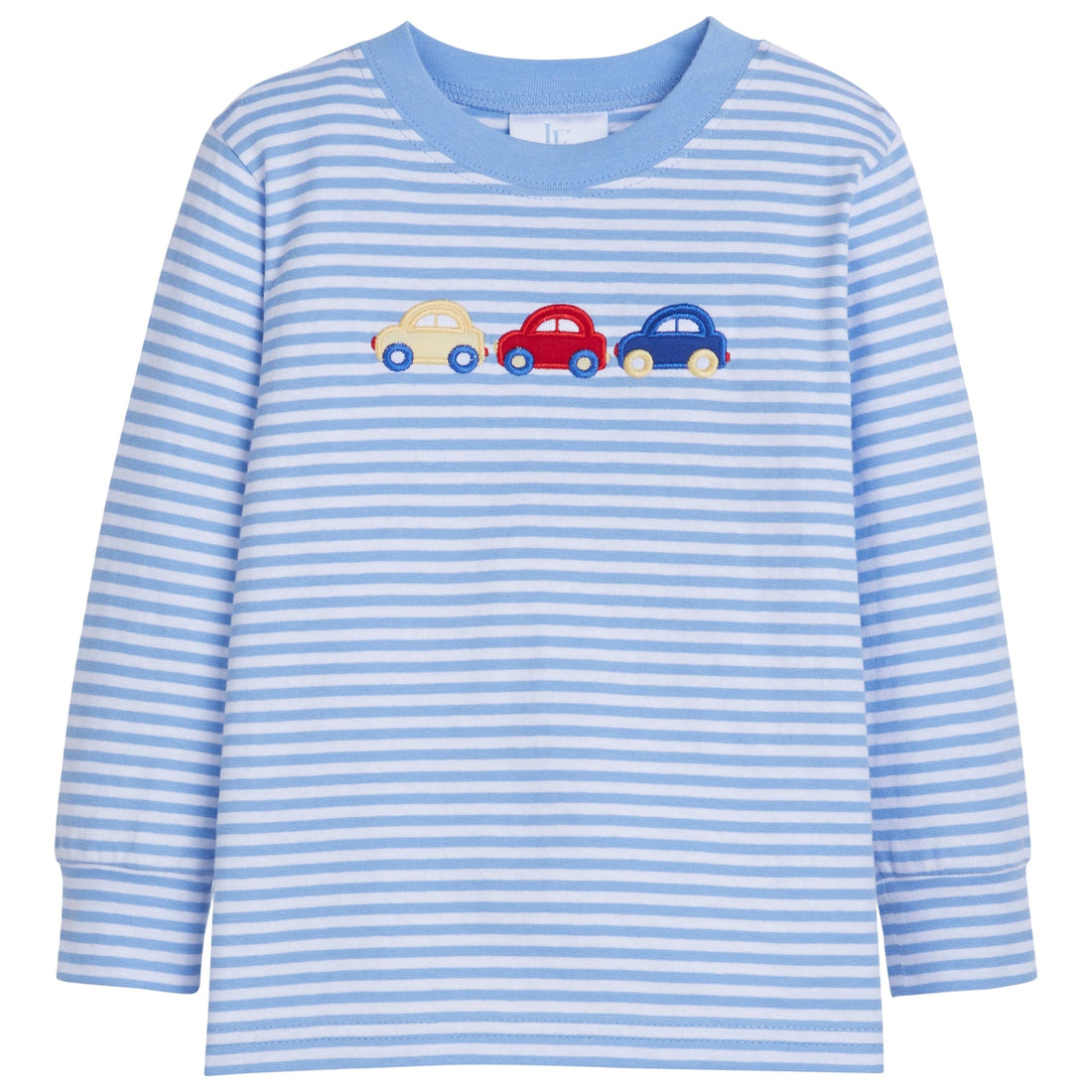 little english classic childrens clothing boys long sleeved light blue striped long sleeve t-shirt with applique cars