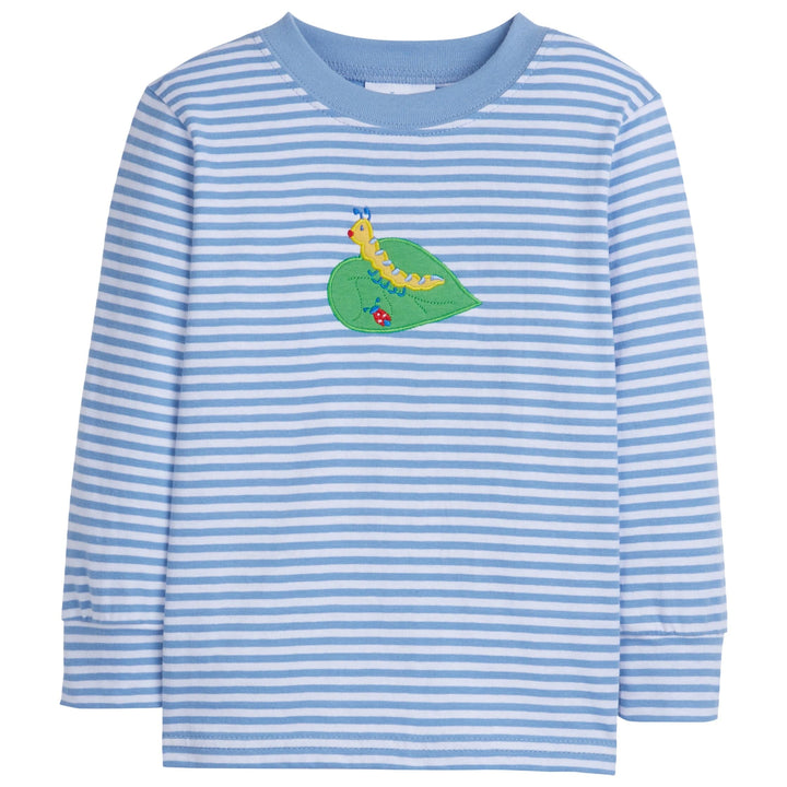 little english classic childrens clothing boys light blue striped t-shirt with caterpillar applique