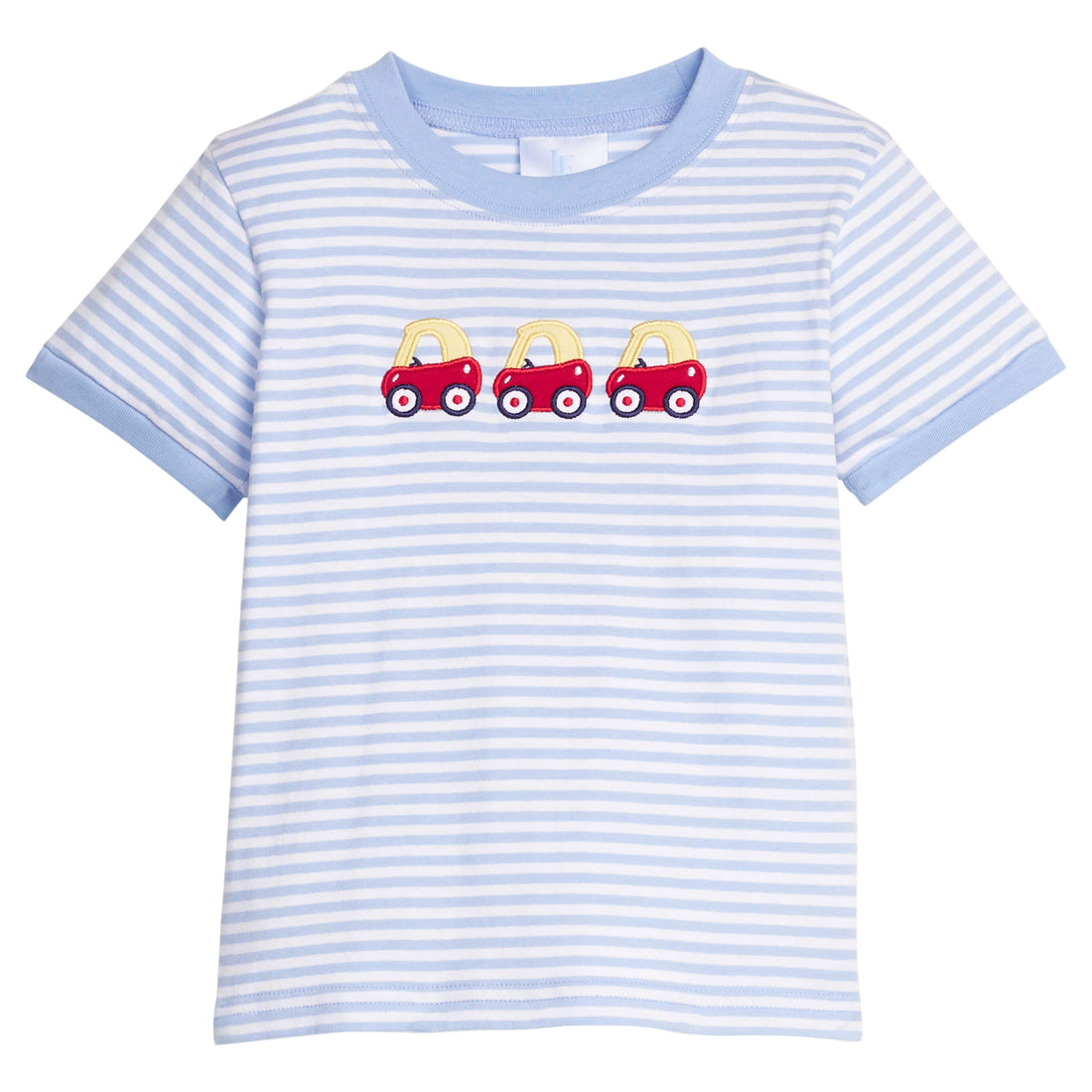 Little english classic t-shirt in light blue and white stripe with toy car applique on chest, for little boy 