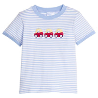 Little english classic t-shirt in light blue and white stripe with toy car applique on chest, for little boy 