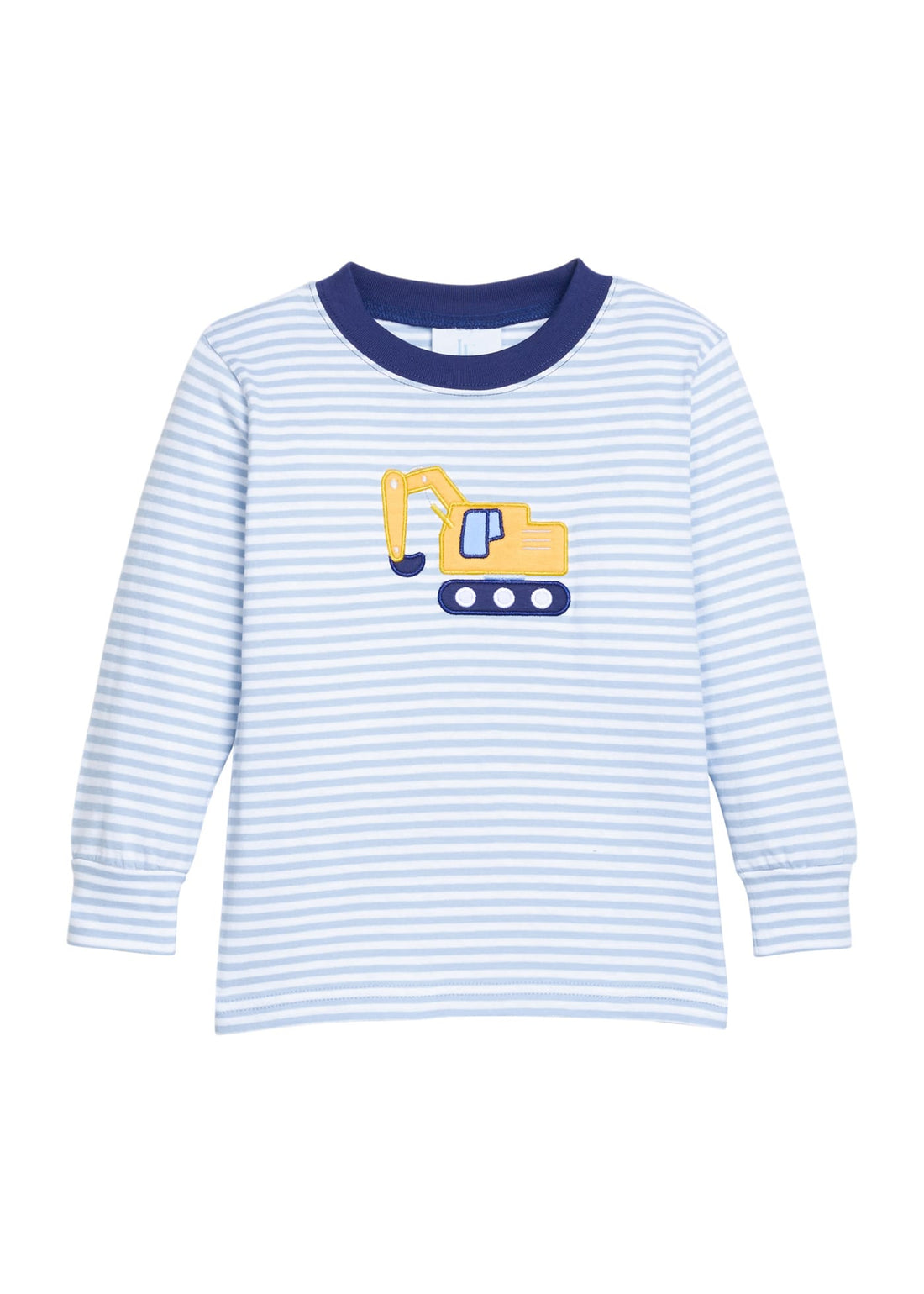 Little English classic childrens clothing.  Light blue and white stripe knit long sleeve t-shirt with excavator applique for little boys.