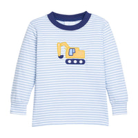 Little English classic childrens clothing.  Light blue and white stripe knit long sleeve t-shirt with excavator applique for little boys.