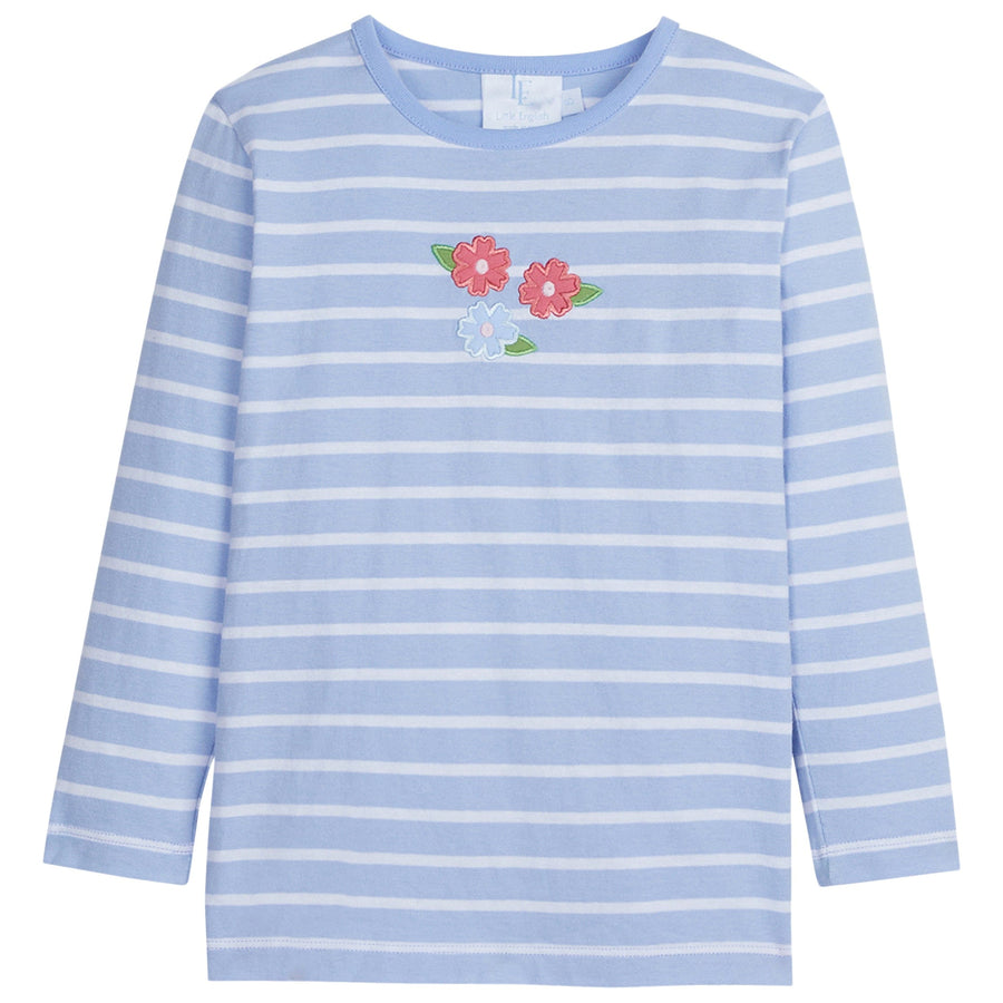 little english classic childrens clothing girls light blue long sleeved t-shirt with applique flowers