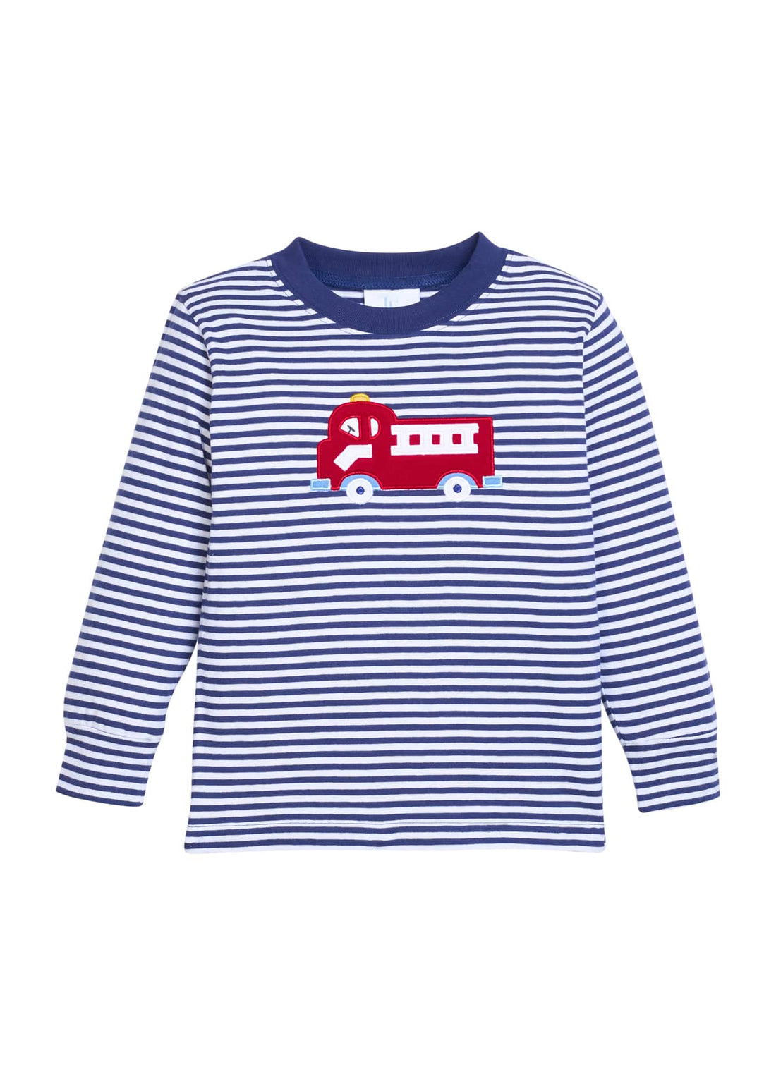 Little English classic childrens clothing.  Navy and white stripe knit long sleeve t-shirt with fire truck applique for little boys.